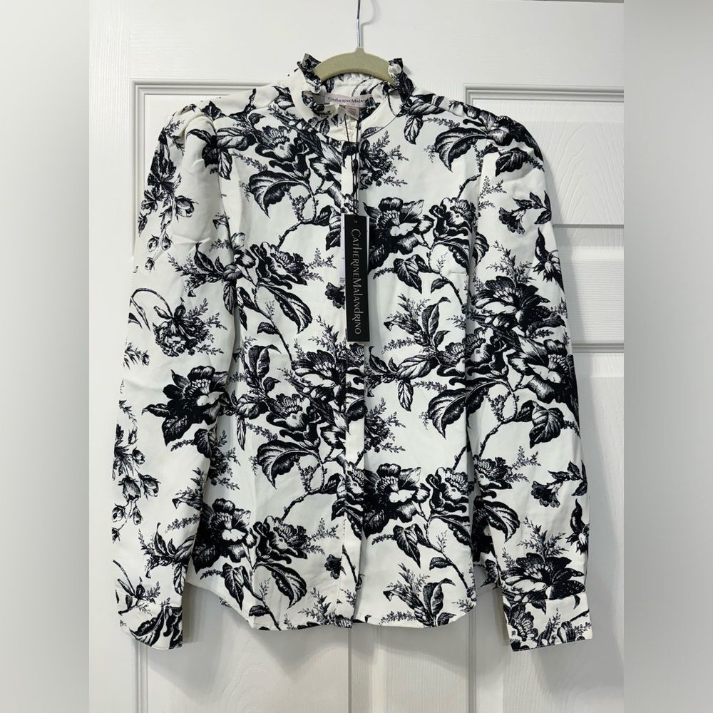 NWT Catherine Malandrino Black White Floral Button Down Shirt Blouse Sz XS